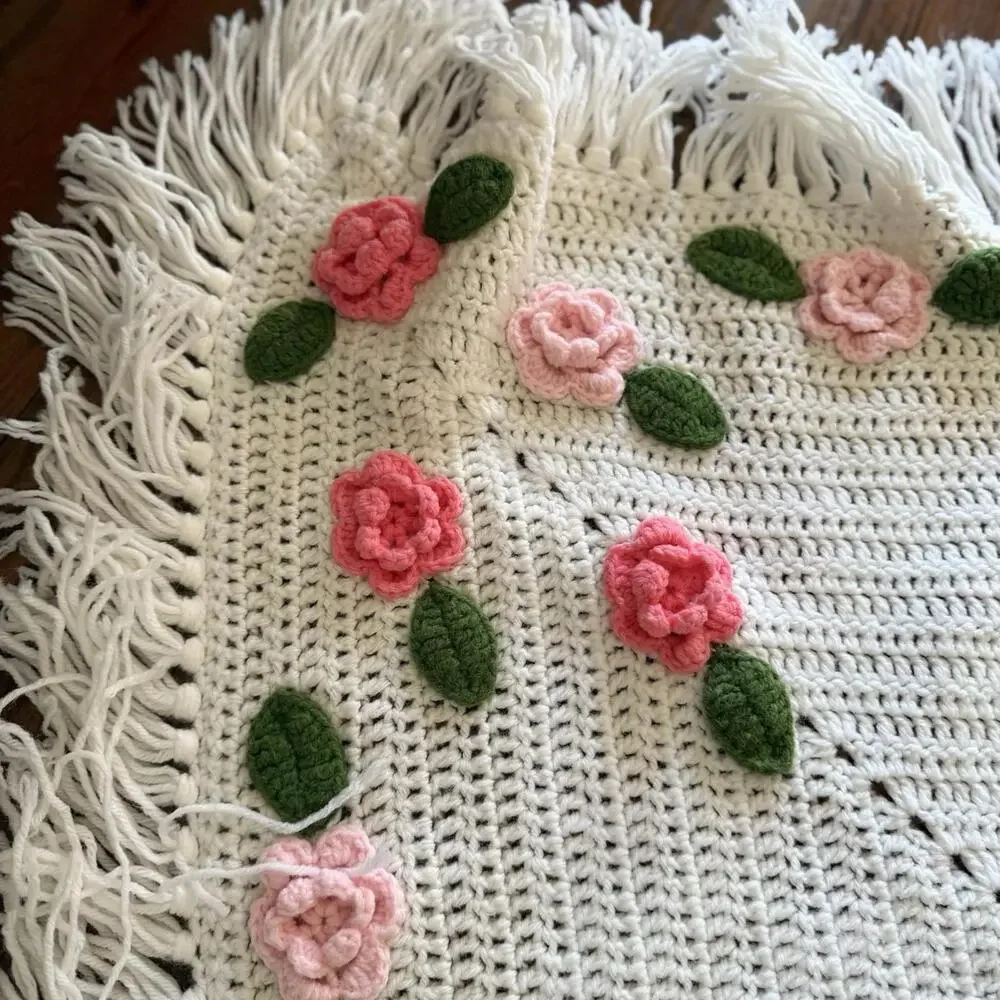 Crocheted Shawl? Couch Throw? Rosettes - Picture 4 of 7